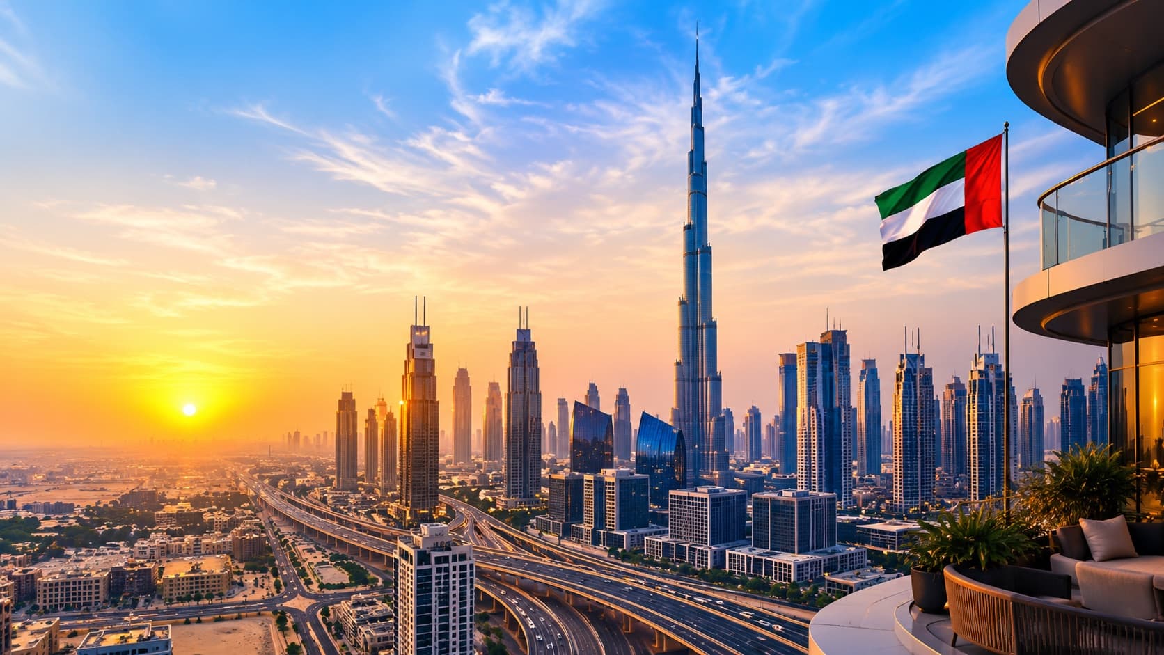 The Dubai skyline and the UAE flag at sunset, seen from a high terrace