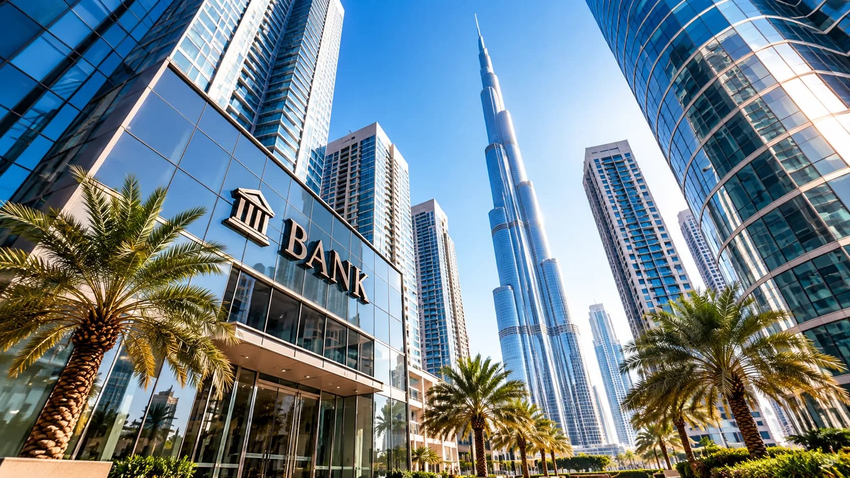 A glass-fronted bank in Downtown Dubai with the Burj Khalifa rising behind it