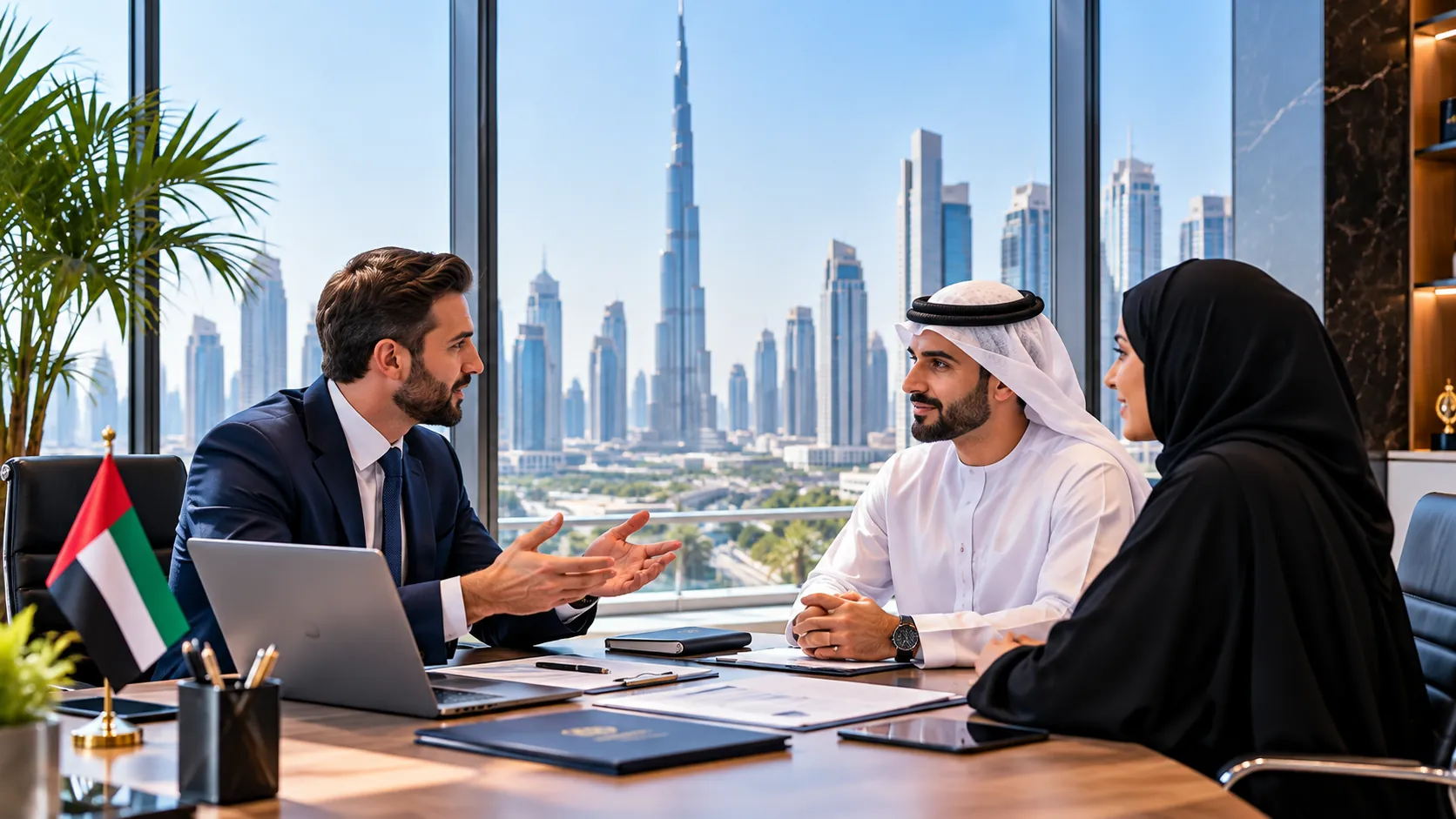 A consultant talking two clients through company formation in a boardroom overlooking the Dubai skyline