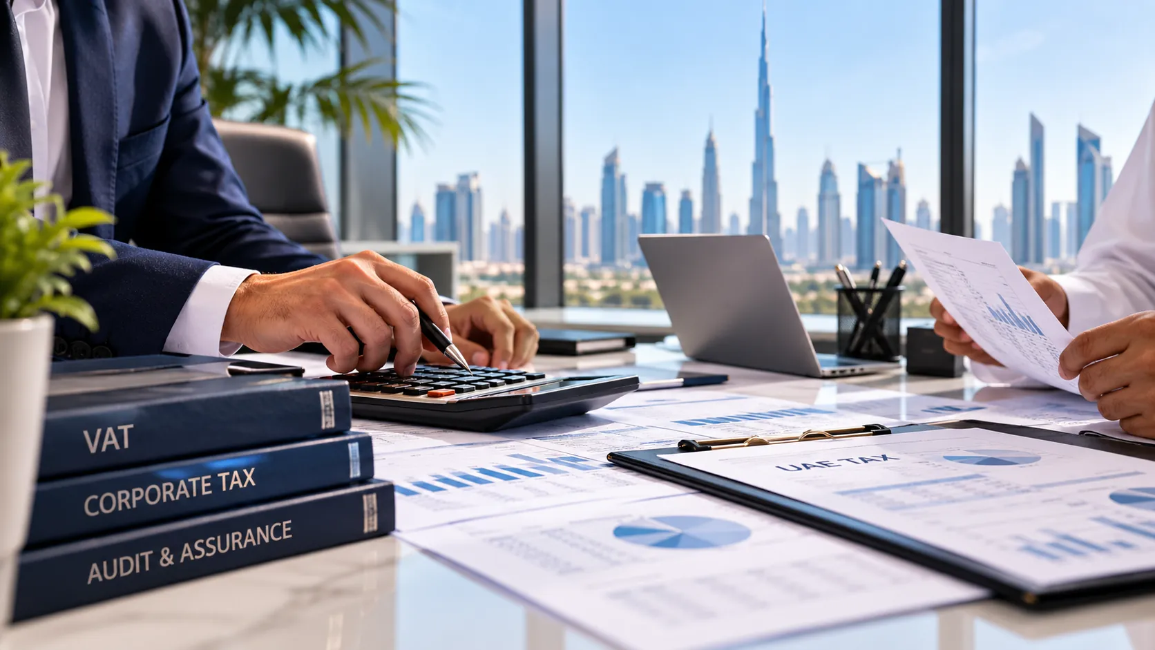 An accountant checking VAT and corporate tax figures against printed statements